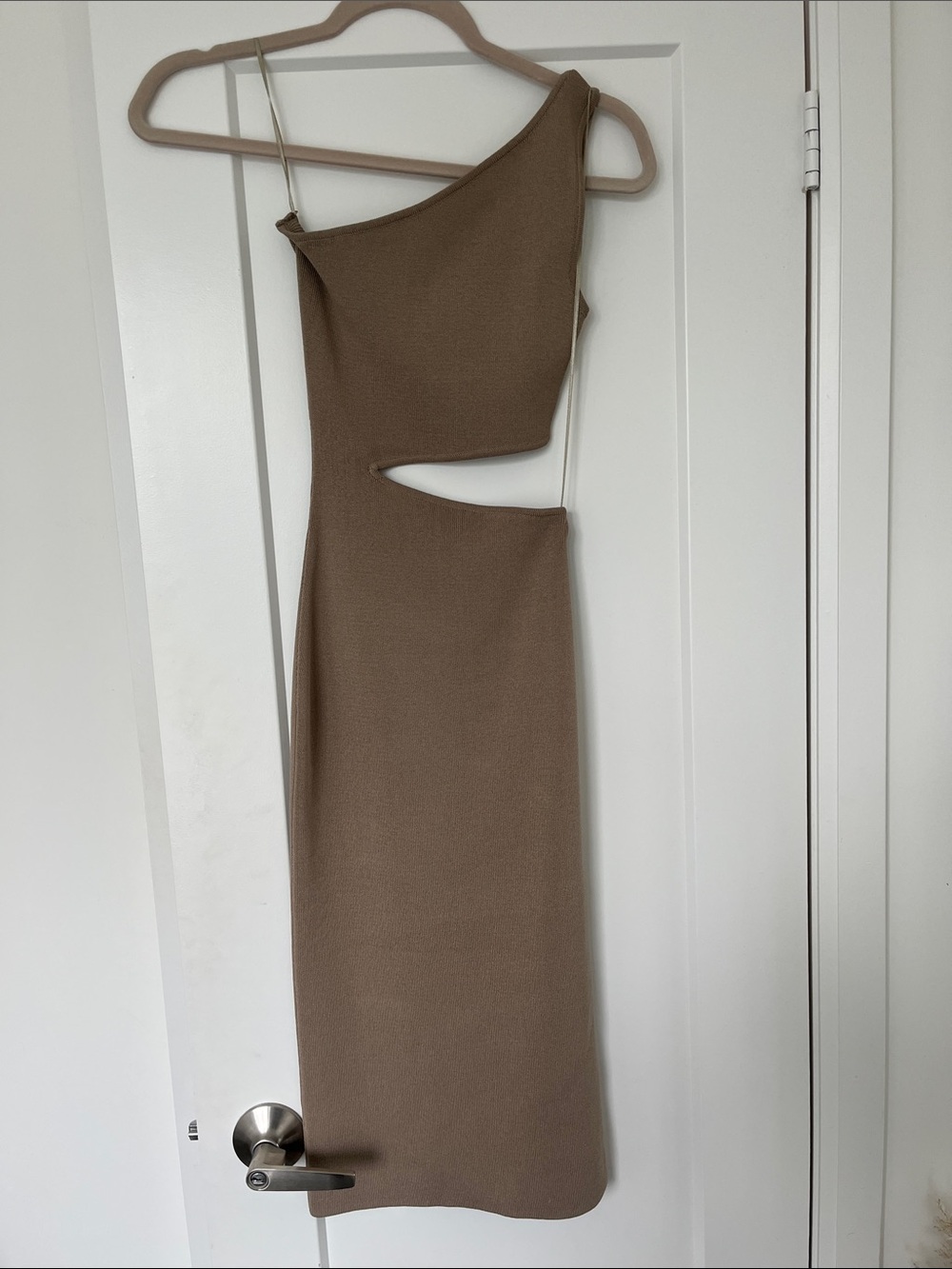 OAK + FORT One-Shoulder Cutout Midi Dress in Taupe Brown